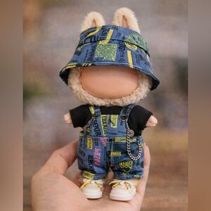 Labubu Doll Outfit Set Bucket Hat Black Shirt Denim Overalls Street Style